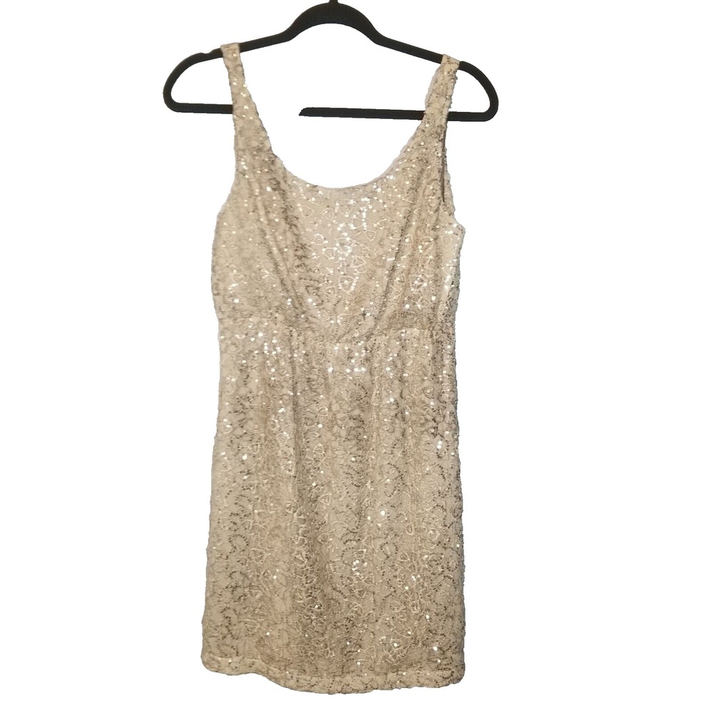 MM Couture by Miss Me Sequin Silver Empire Waist Sleeveless‎ Taupe Dress Medium